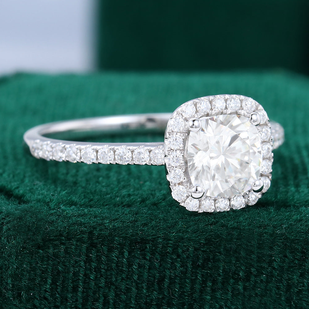 0.96 CT Cushion Shaped Moissanite Halo Engagement Ring - farrellouise