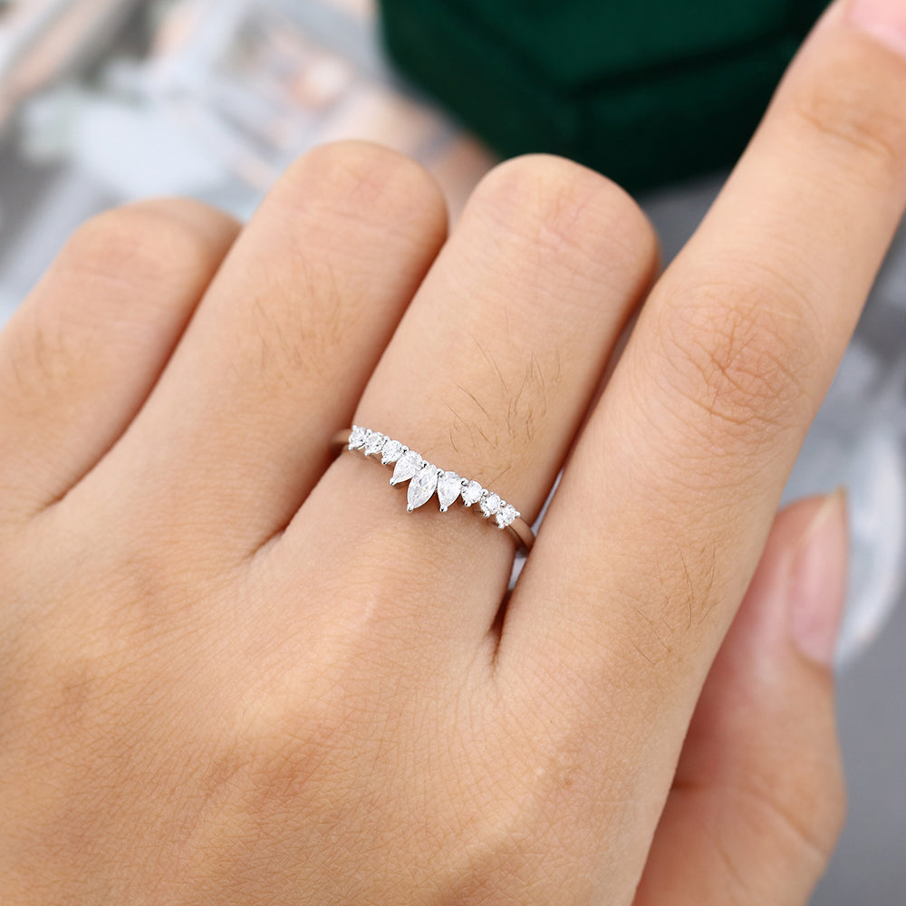 0.30 CT Round, Pear & Marquise Moissanite Curved Wedding Band - farrellouise