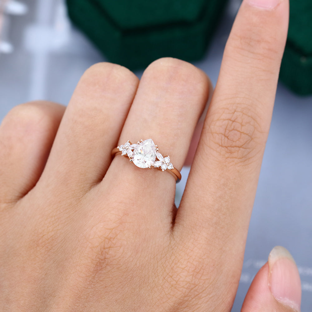 1.0 CT Pear Shaped Moissanite Cluster Engagement Ring - farrellouise