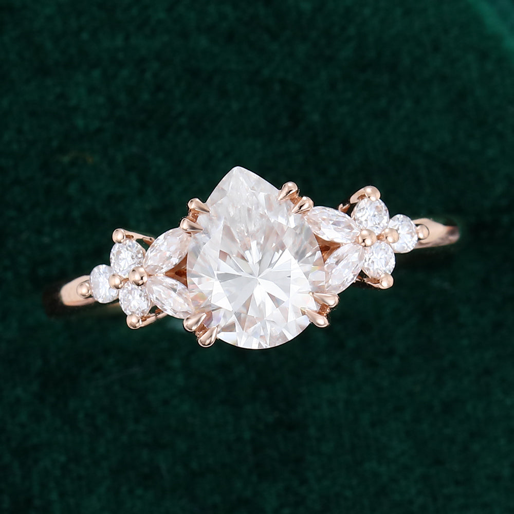 1.0 CT Pear Shaped Moissanite Cluster Engagement Ring - farrellouise
