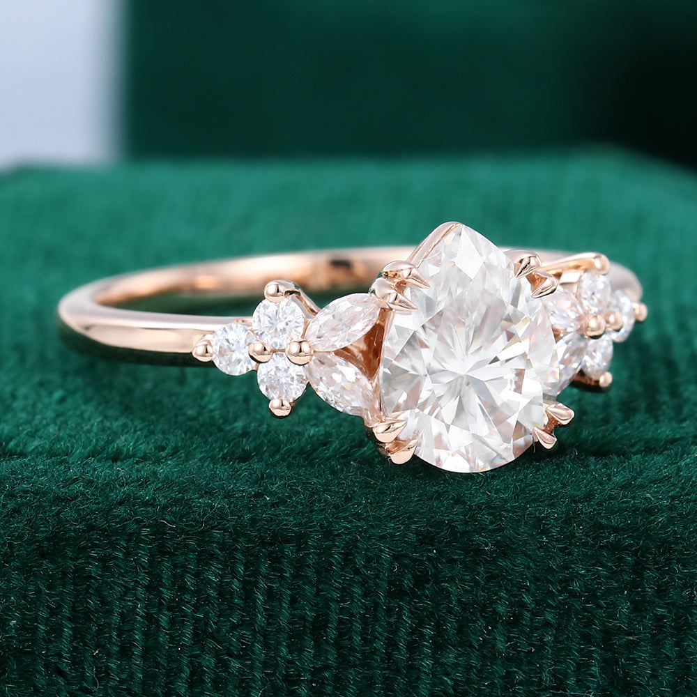 1.0 CT Pear Shaped Moissanite Cluster Engagement Ring - farrellouise