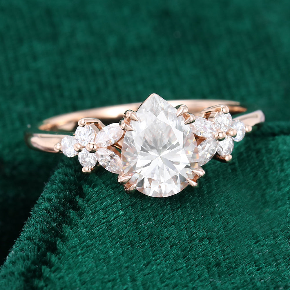 1.0 CT Pear Shaped Moissanite Cluster Engagement Ring - farrellouise