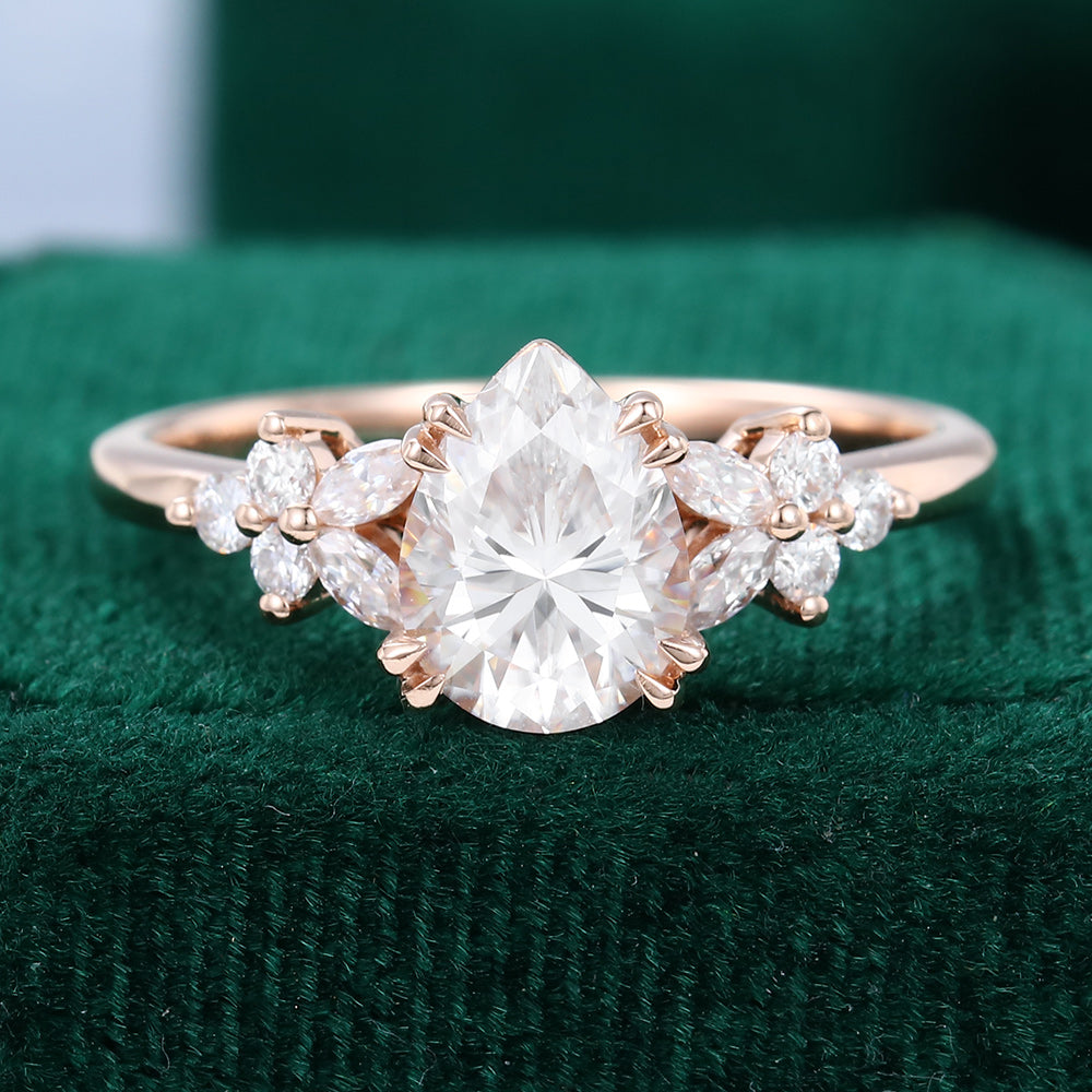 1.0 CT Pear Shaped Moissanite Cluster Engagement Ring - farrellouise