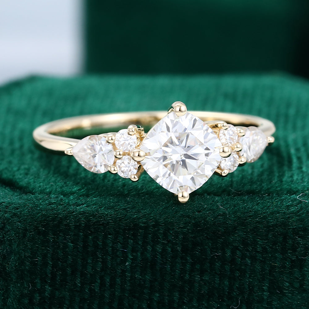 0.96 CT Cushion Shaped Moissanite Cluster Engagement Ring - farrellouise