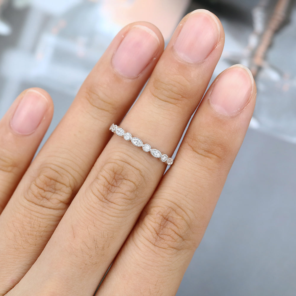0.027 CT Marquise & Round Moissanite Milgrain Style Wedding Band - farrellouise