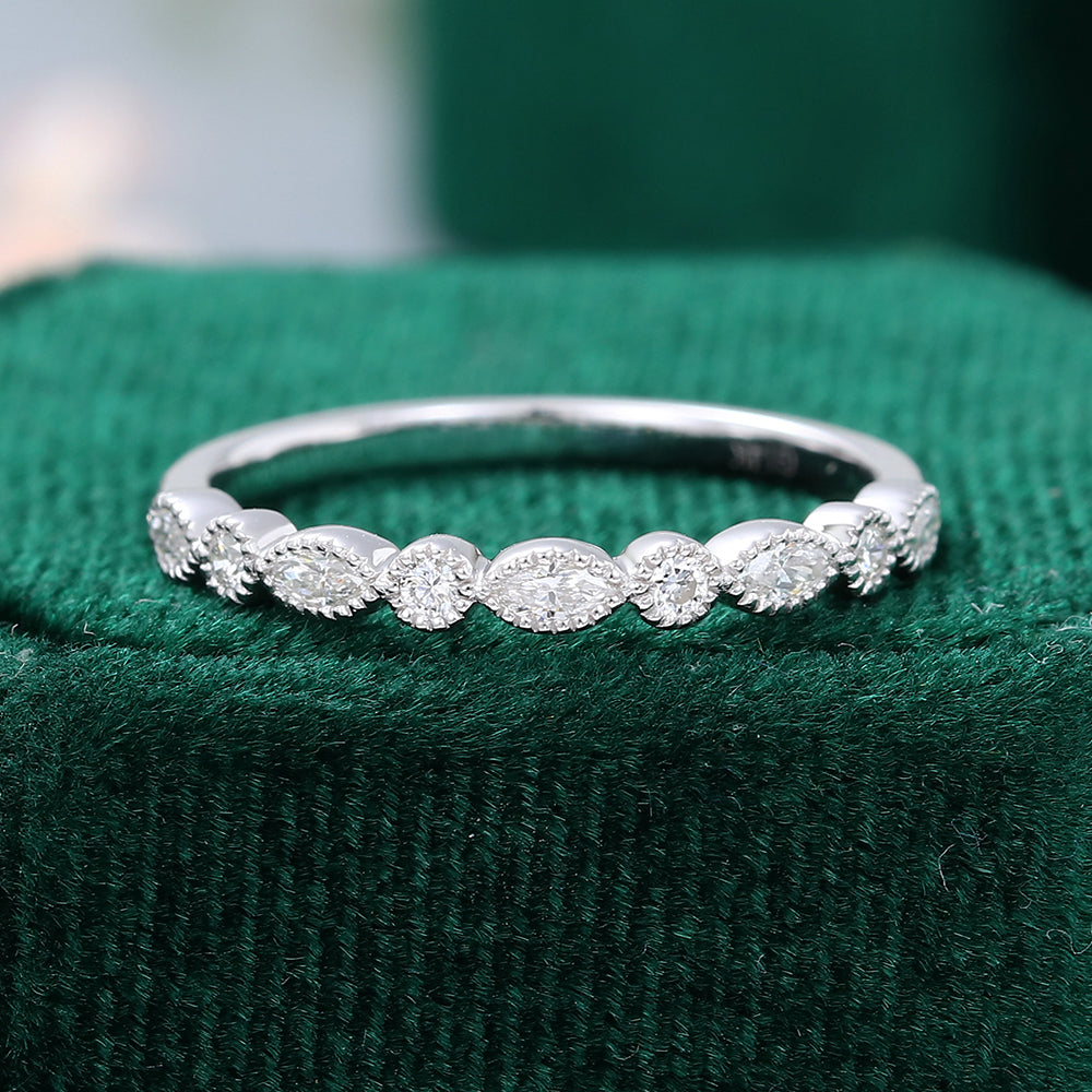 0.027 CT Marquise & Round Moissanite Milgrain Style Wedding Band - farrellouise