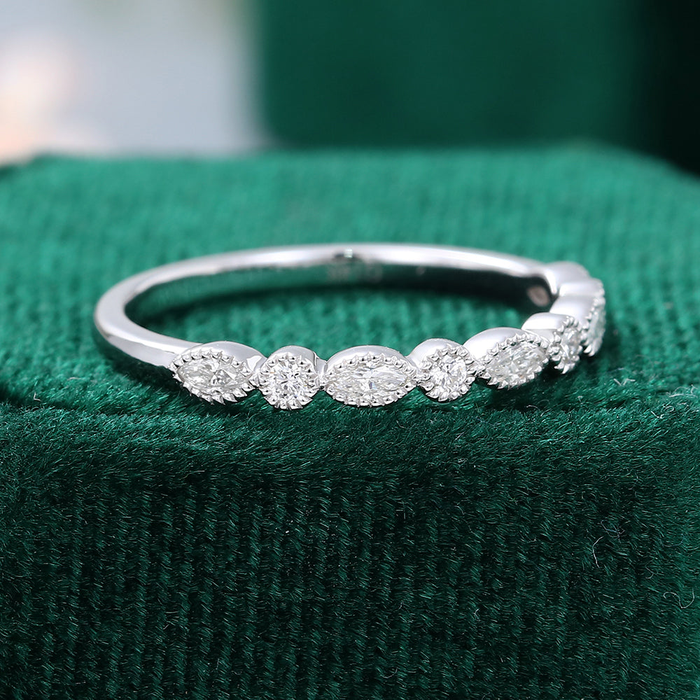 0.027 CT Marquise & Round Moissanite Milgrain Style Wedding Band - farrellouise