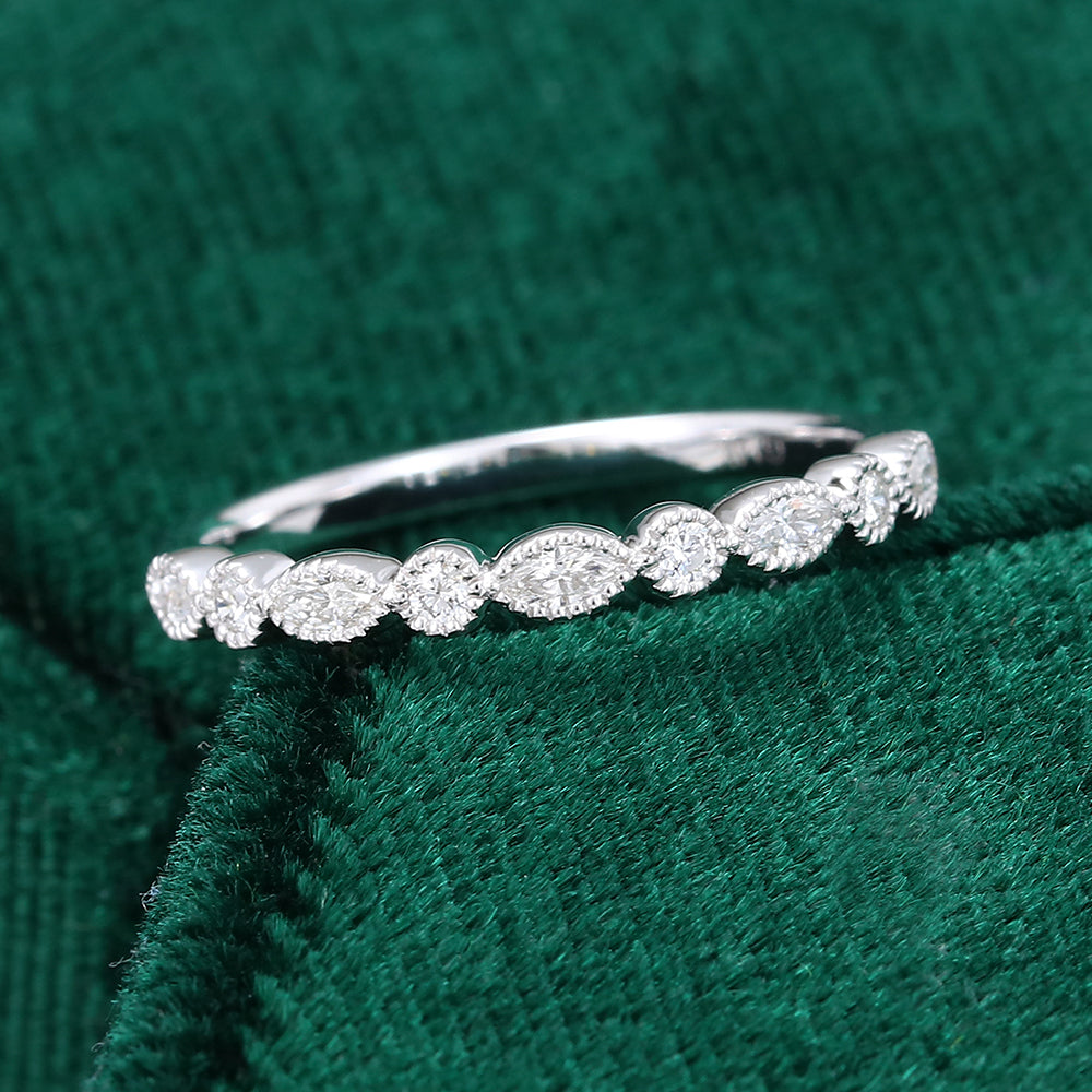 0.027 CT Marquise & Round Moissanite Milgrain Style Wedding Band - farrellouise