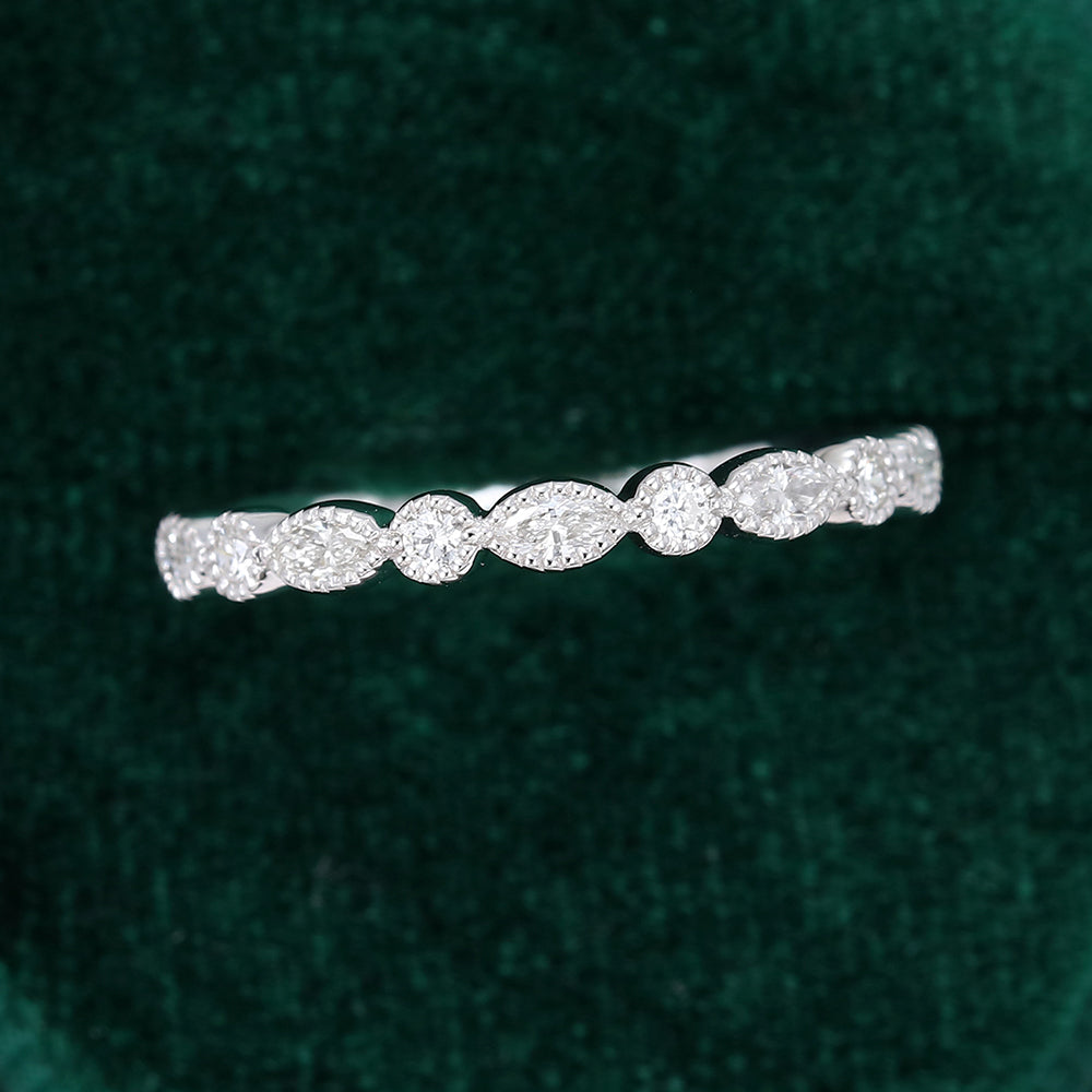 0.027 CT Marquise & Round Moissanite Milgrain Style Wedding Band - farrellouise