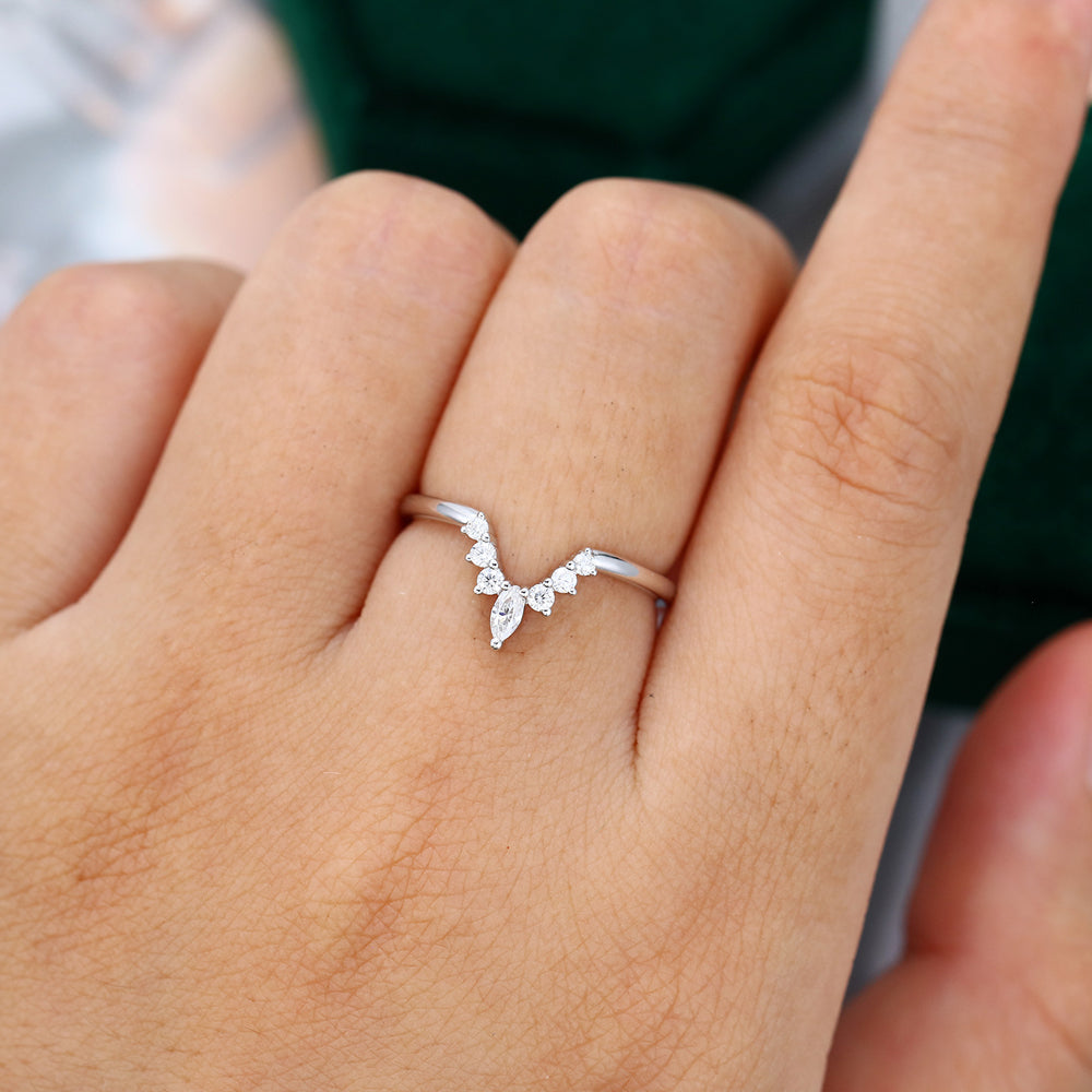 0.20 CT Round & Marquise Moissanite V-Shaped Wedding Band - farrellouise