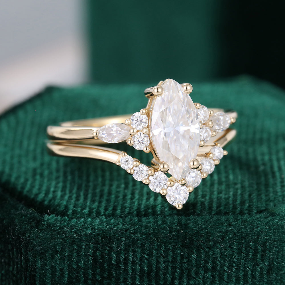 0.90 CT Marquise Moissanite Cluster Bridal Ring Set - farrellouise