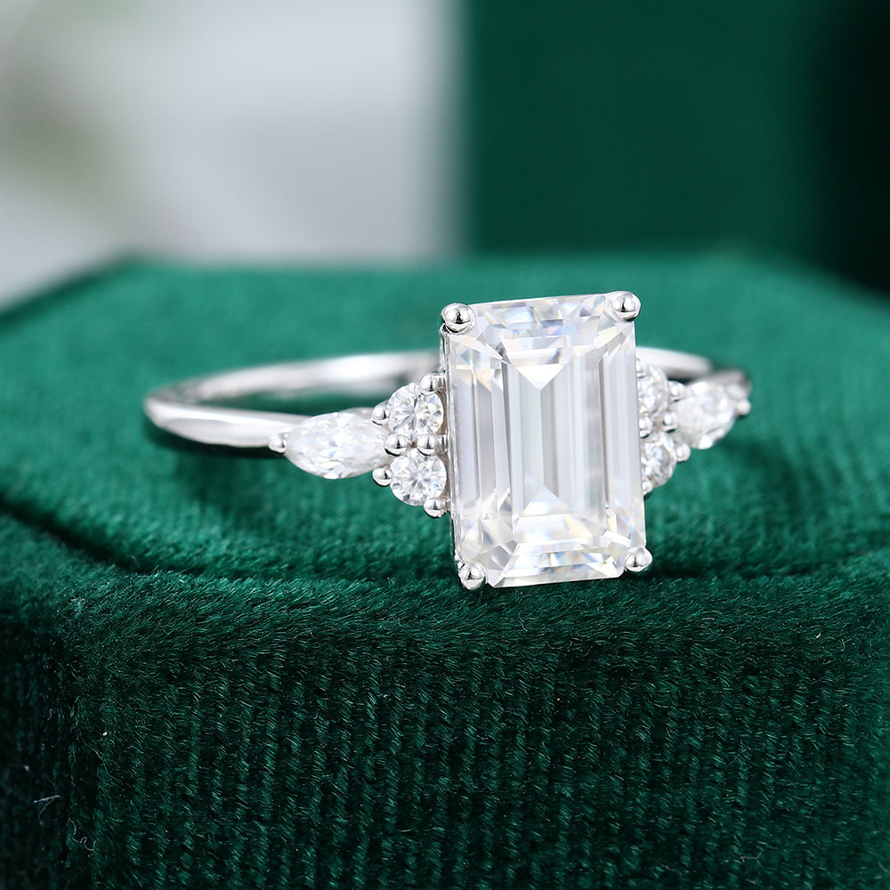 2.0 CT Emerald Shaped Moissanite Cluster Engagement Ring - farrellouise