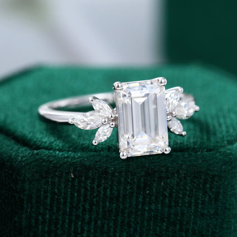 2.0 CT Emerald Shaped Moissanite Cluster Engagement Ring - farrellouise