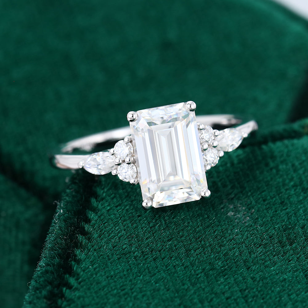2.0 CT Emerald Shaped Moissanite Cluster Engagement Ring - farrellouise