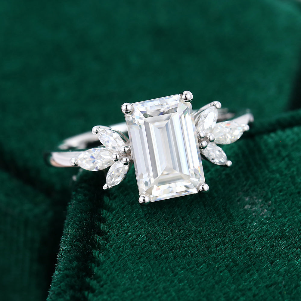 2.0 CT Emerald Shaped Moissanite Cluster Engagement Ring - farrellouise