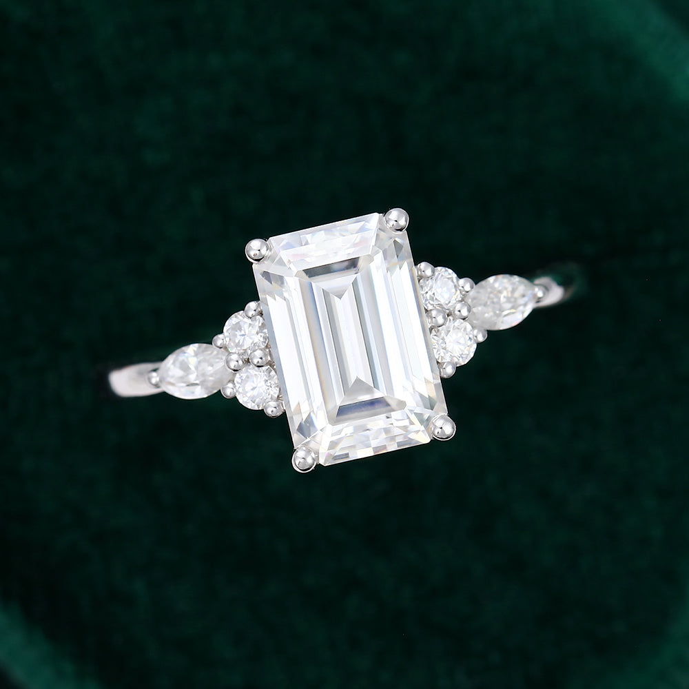 2.0 CT Emerald Shaped Moissanite Cluster Engagement Ring - farrellouise