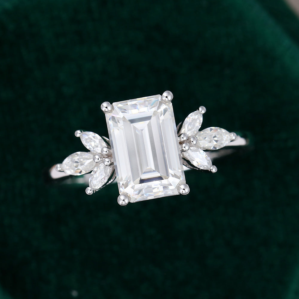 2.0 CT Emerald Shaped Moissanite Cluster Engagement Ring - farrellouise