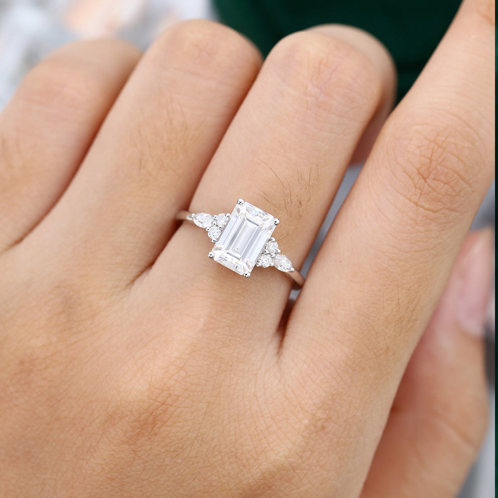2.0 CT Emerald Shaped Moissanite Cluster Engagement Ring - farrellouise