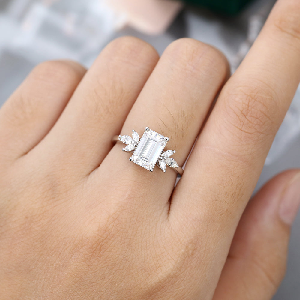 2.0 CT Emerald Shaped Moissanite Cluster Engagement Ring - farrellouise