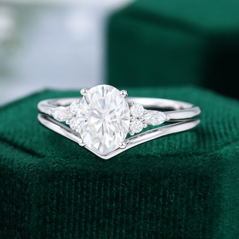 1.91 CT Oval Moissanite Cluster Bridal Ring Set - farrellouise