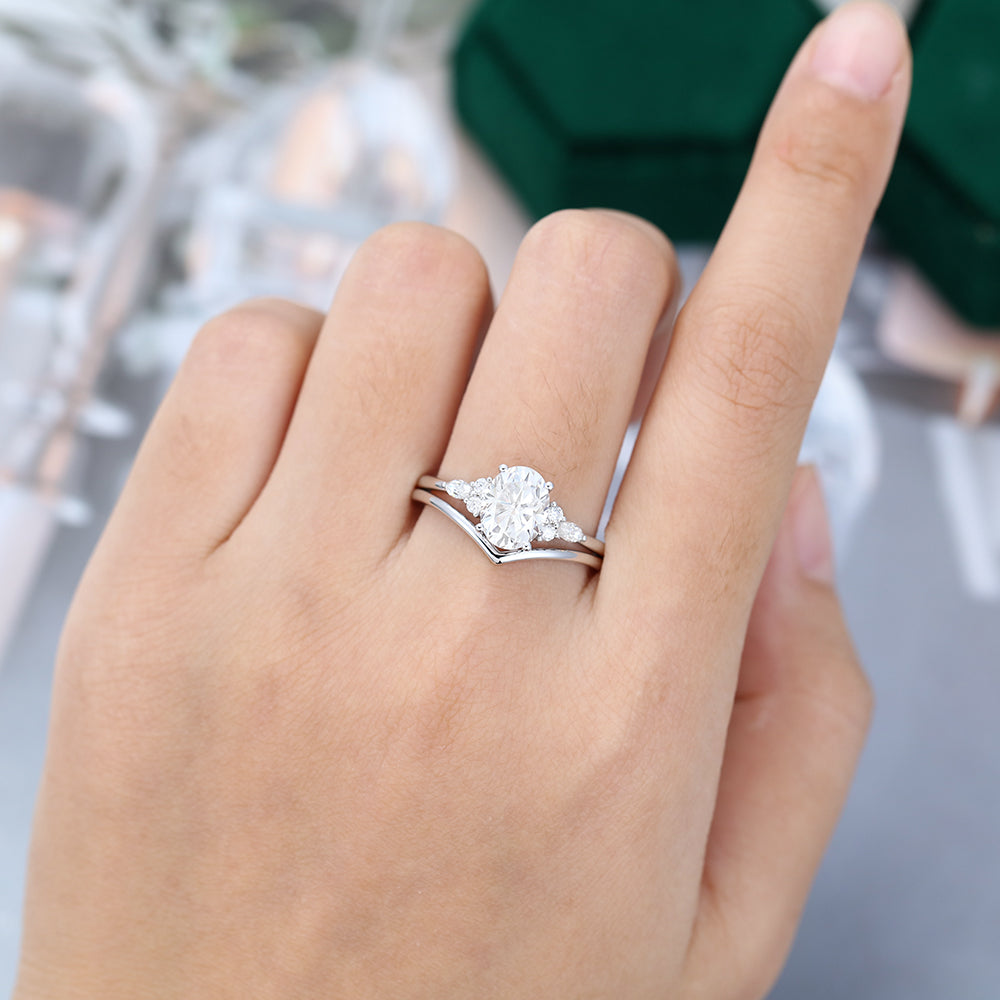 1.91 CT Oval Moissanite Cluster Bridal Ring Set - farrellouise