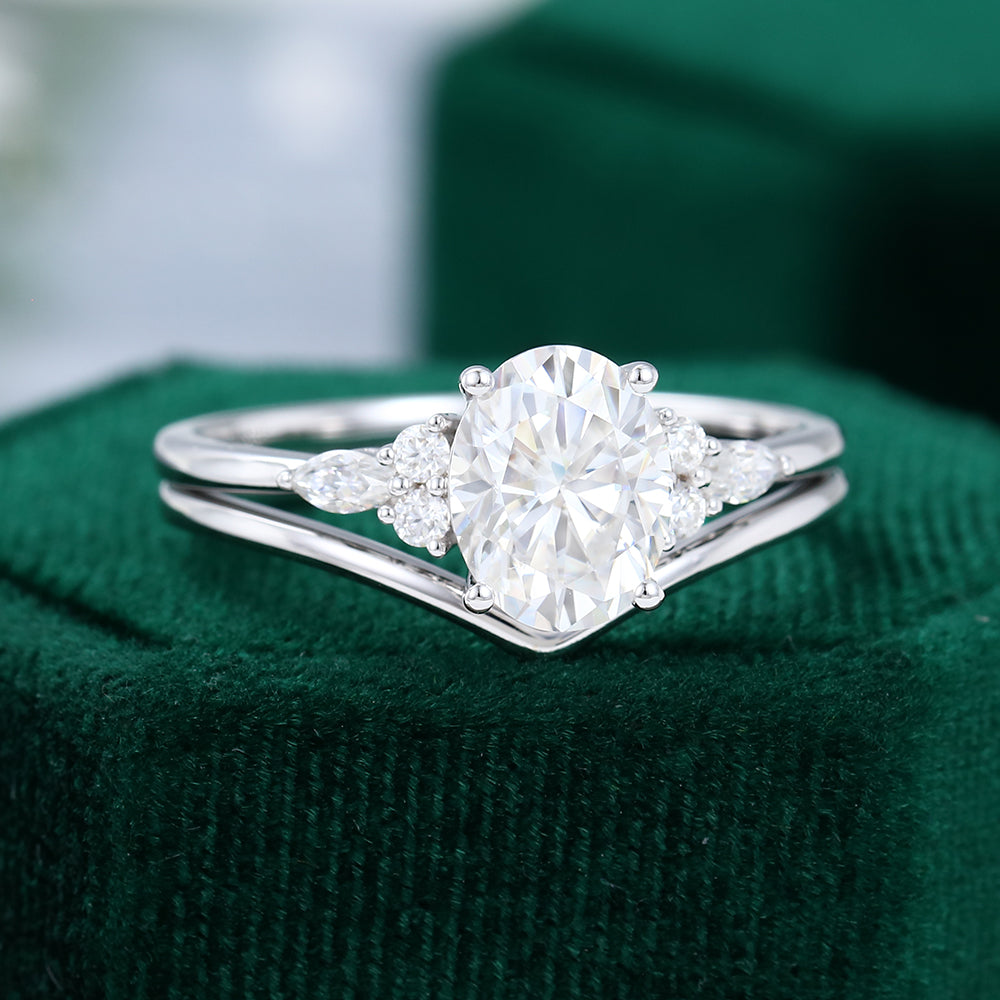 1.91 CT Oval Moissanite Cluster Bridal Ring Set - farrellouise