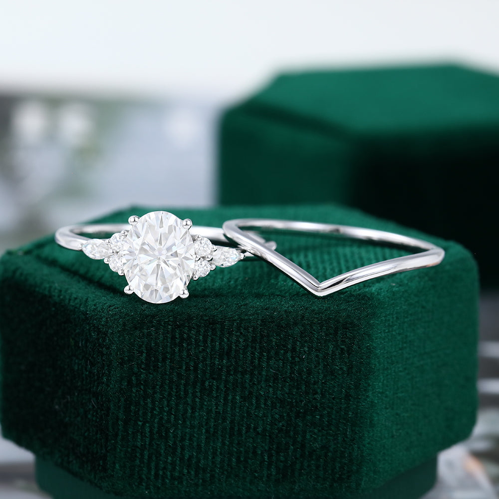 1.91 CT Oval Moissanite Cluster Bridal Ring Set - farrellouise