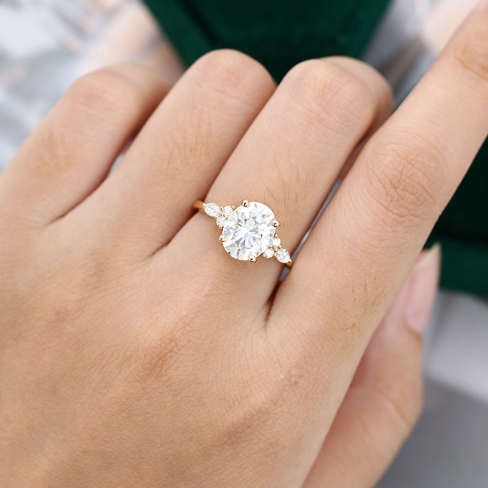 3.0 CT Oval Shaped Moissanite Cluster Engagement Ring - farrellouise
