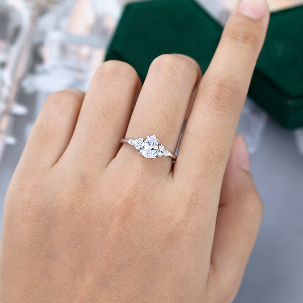 1.0 CT Pear Shaped Moissanite Cluster Engagement Ring - farrellouise