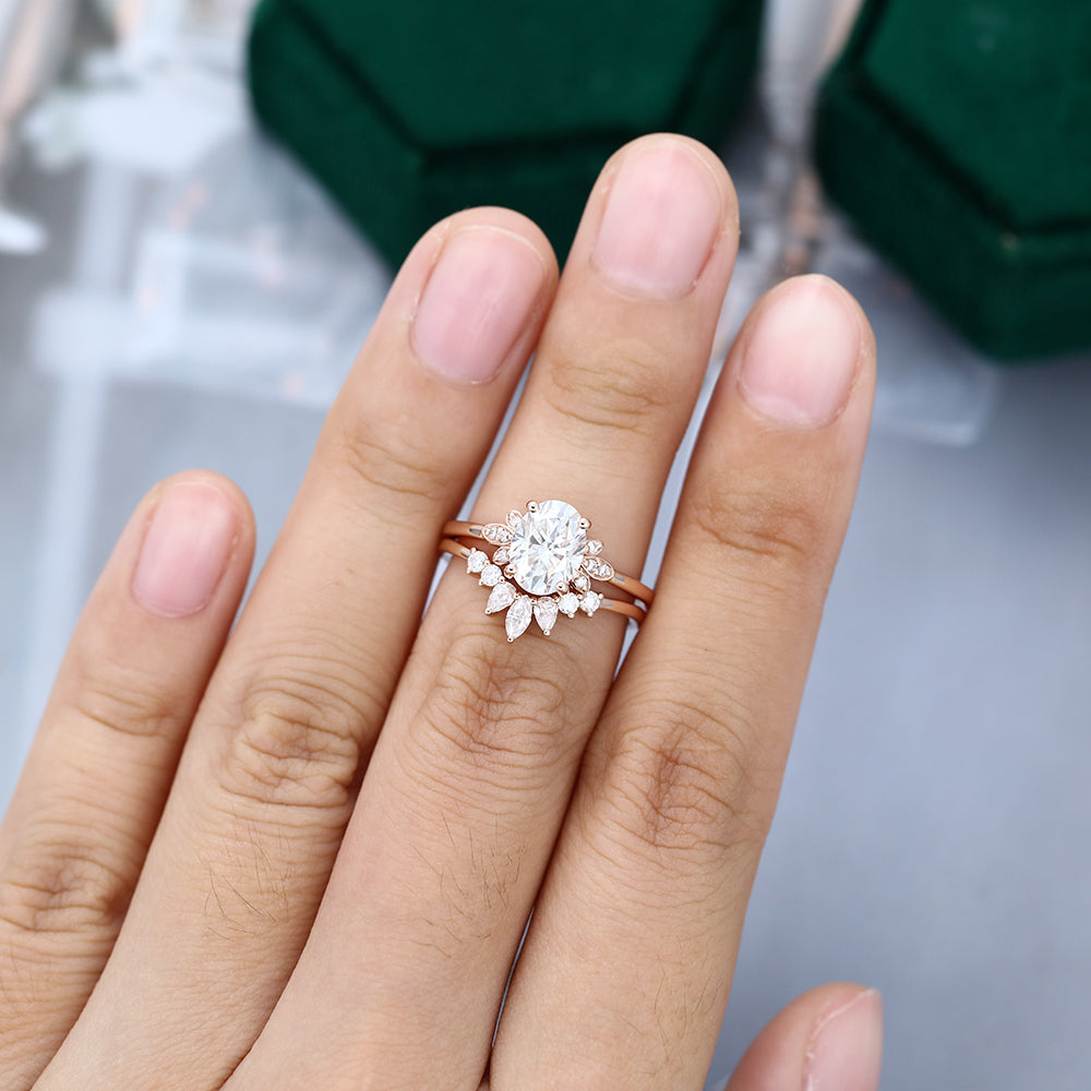 1.33 CT Oavl Moissanite Cluster Bridal Ring Set - farrellouise