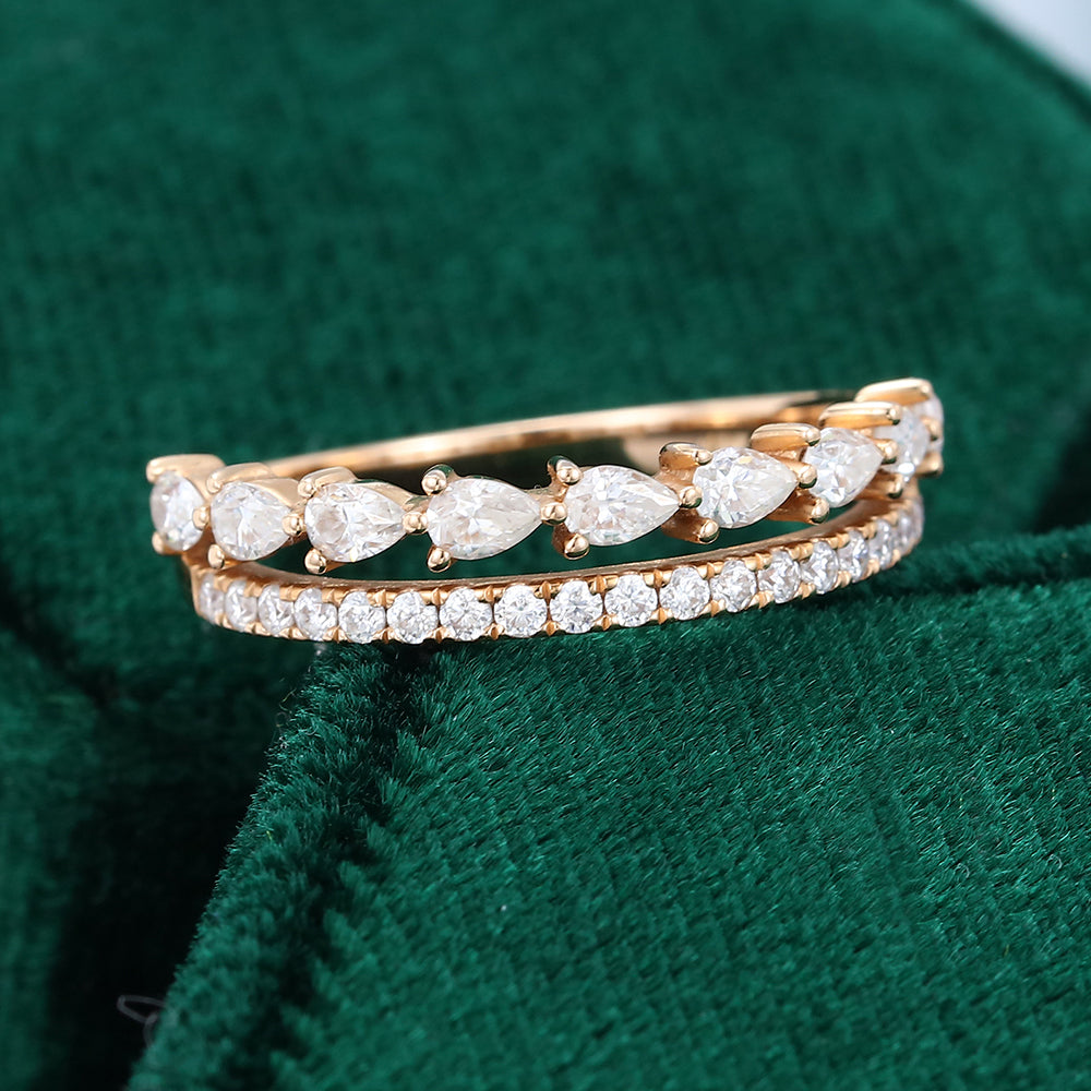 0.63 CT Pear & Round Moissanite Unquie Double Band Setting Wedding Band - farrellouise