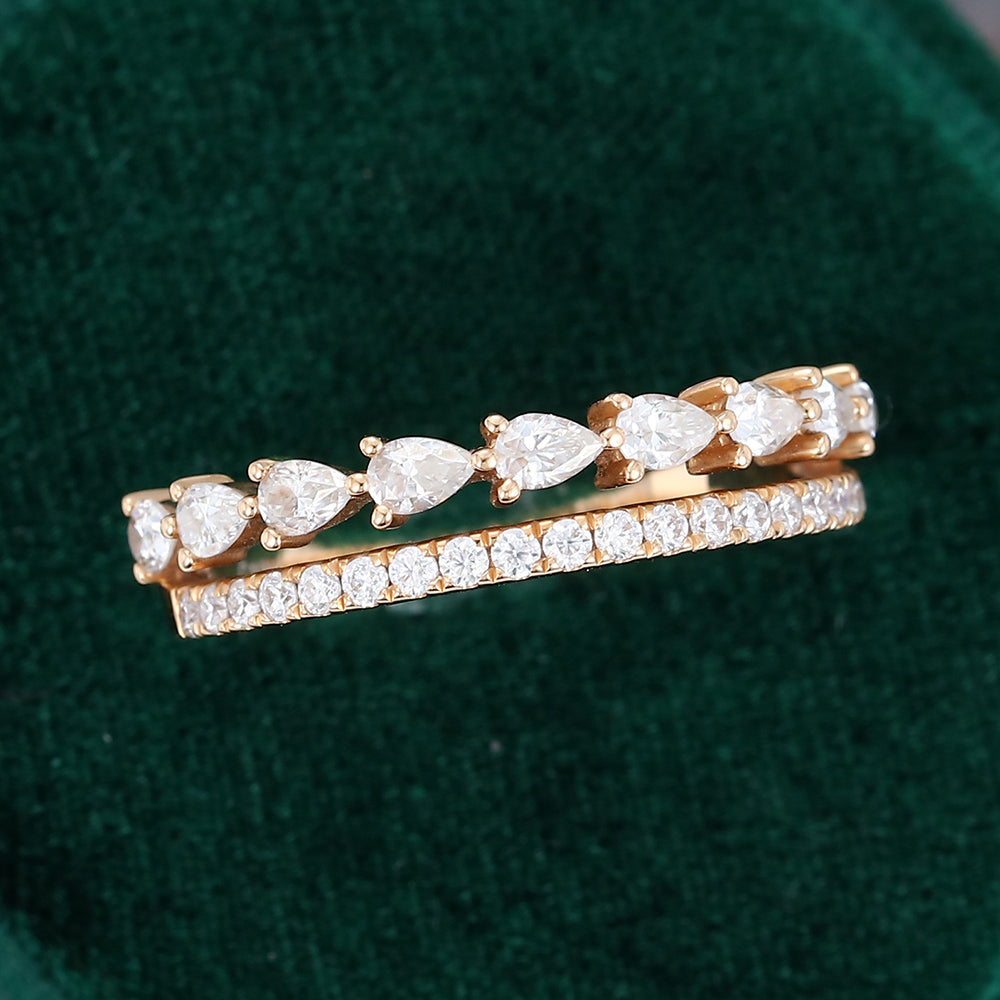 0.63 CT Pear & Round Moissanite Unquie Double Band Setting Wedding Band - farrellouise