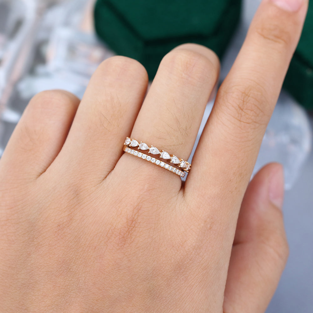 0.63 CT Pear & Round Moissanite Unquie Double Band Setting Wedding Band - farrellouise