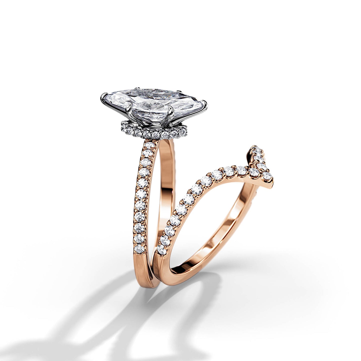 1.50 CT Marquise Moissanite Hidden Halo & Pave Bridal Ring Set