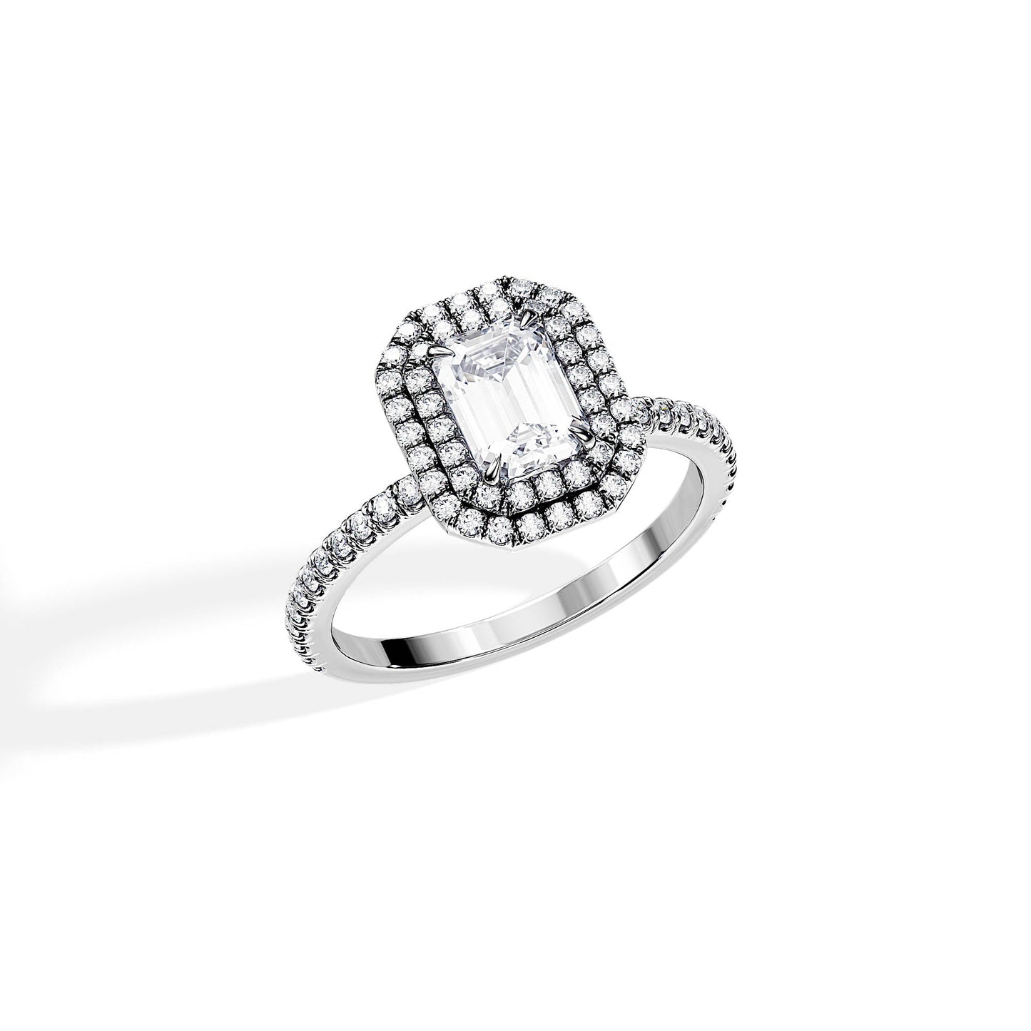1.0 CT Emerald Cut Moissanite Pave & Double Halo Engagement Ring