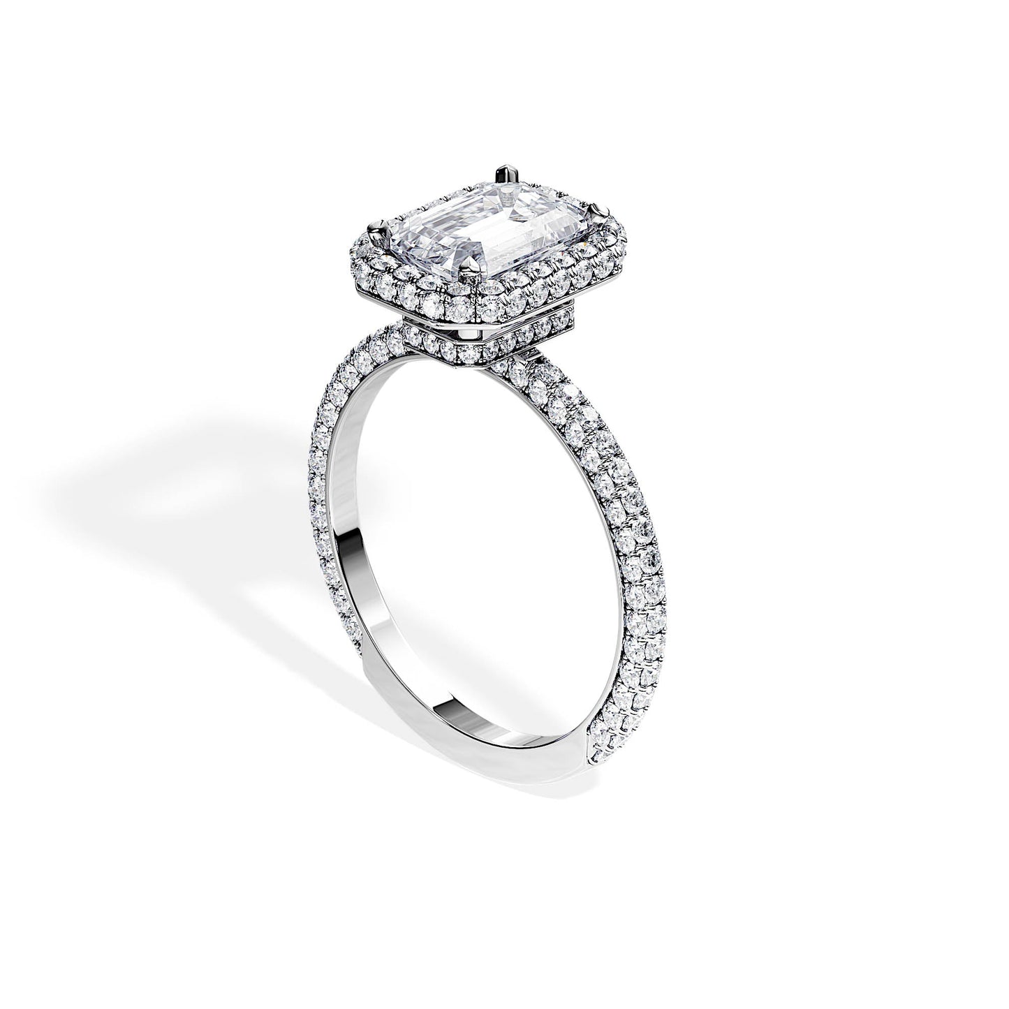 1.75 CT Emerald Cut Halo & Pave Moissanite Engagement Ring
