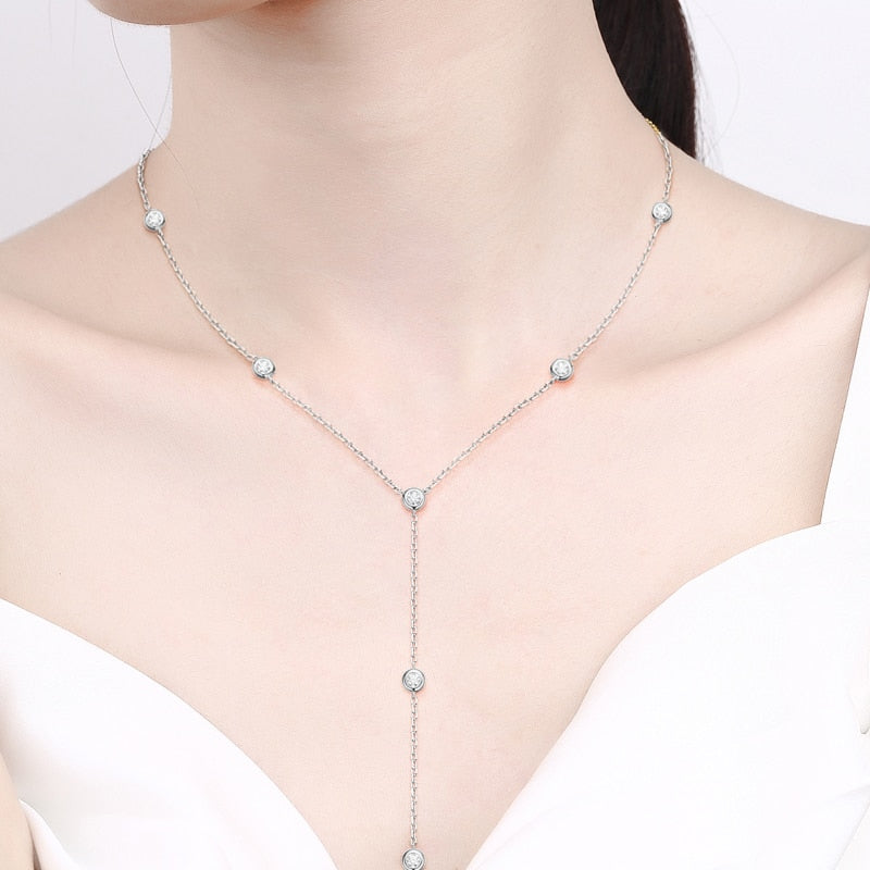 0.1 TCW Round Moissanite Diamond Bezel Lariat Necklace - farrellouise