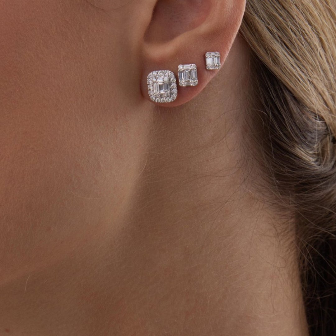 0.31 TCW Round & Emerald Moissanite Diamond Stud Earrings