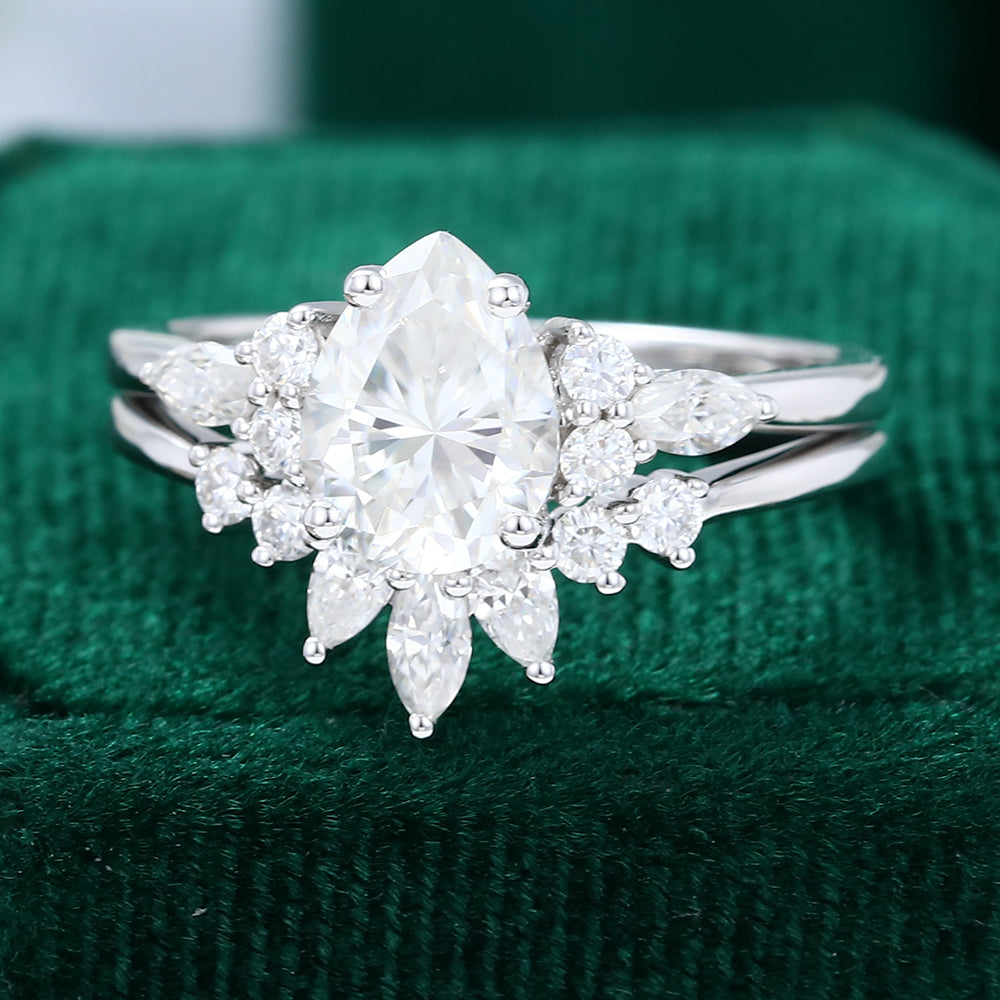 1.0 CT Pear Moissanite Cluster Bridal Ring Set - farrellouise