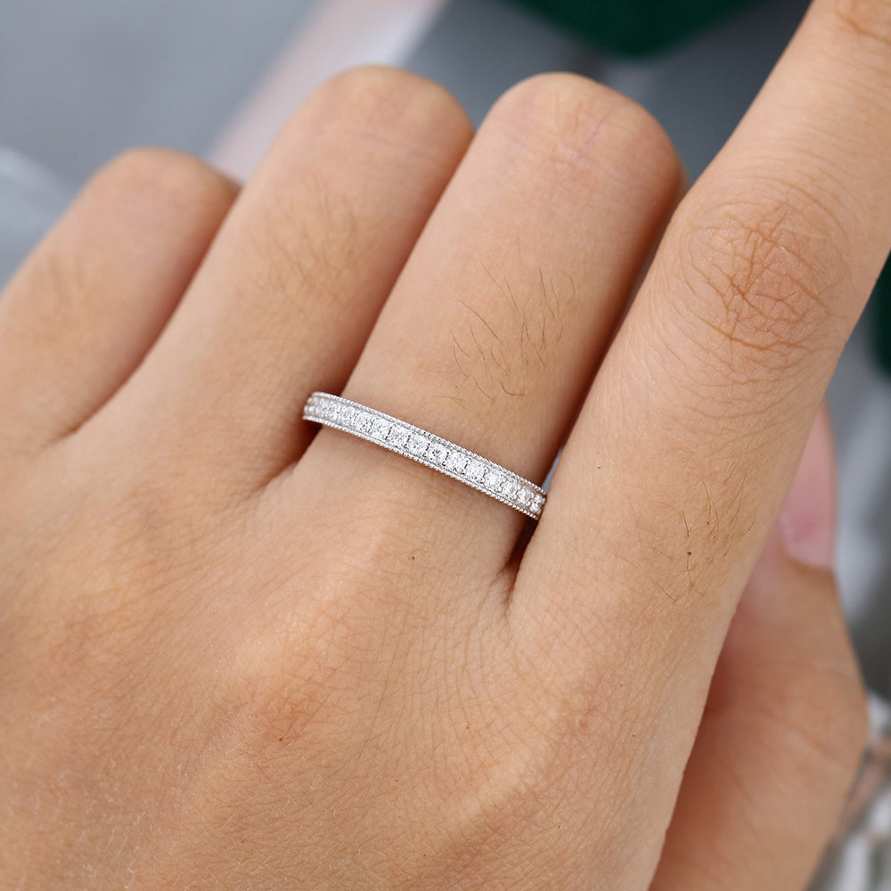 0.17 CT Round Moissanite Milgrain Half Eternity Wedding Band - farrellouise