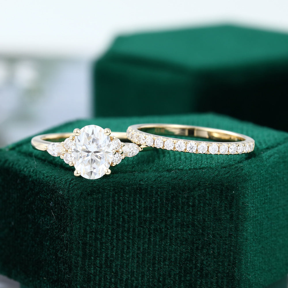 1.33 CT Oval Moissanite Cluster Bridal Ring Set - farrellouise
