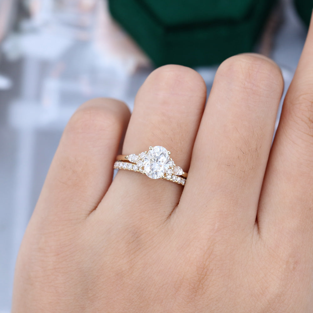 1.33 CT Oval Moissanite Cluster Bridal Ring Set - farrellouise