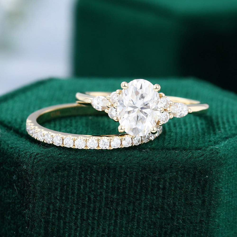 1.33 CT Oval Moissanite Cluster Bridal Ring Set - farrellouise