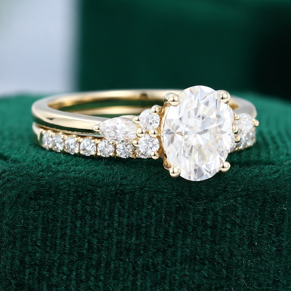 1.33 CT Oval Moissanite Cluster Bridal Ring Set - farrellouise