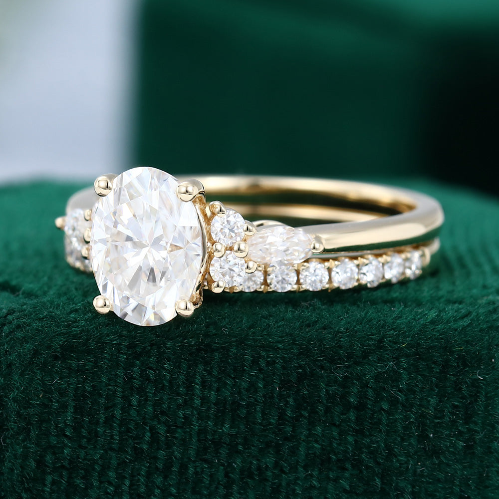 1.33 CT Oval Moissanite Cluster Bridal Ring Set - farrellouise