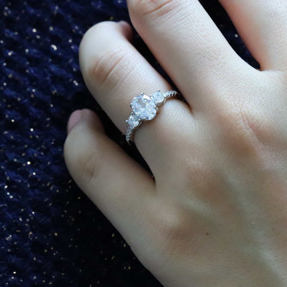 1.50 CT Oval Moissanite Three Stone & Pave Setting Engagement Ring - farrellouise