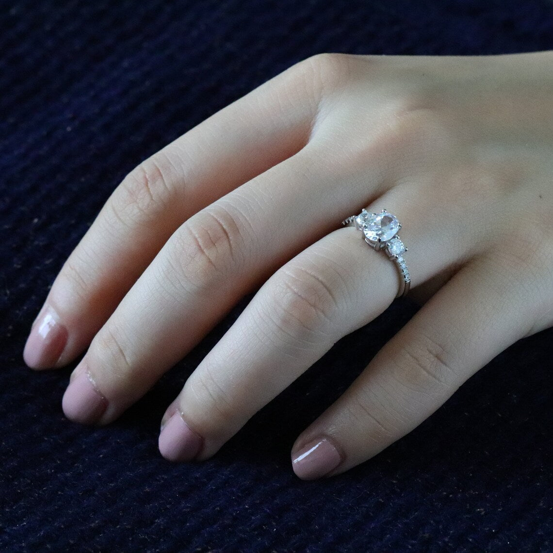 1.50 CT Oval Moissanite Three Stone & Pave Setting Engagement Ring - farrellouise