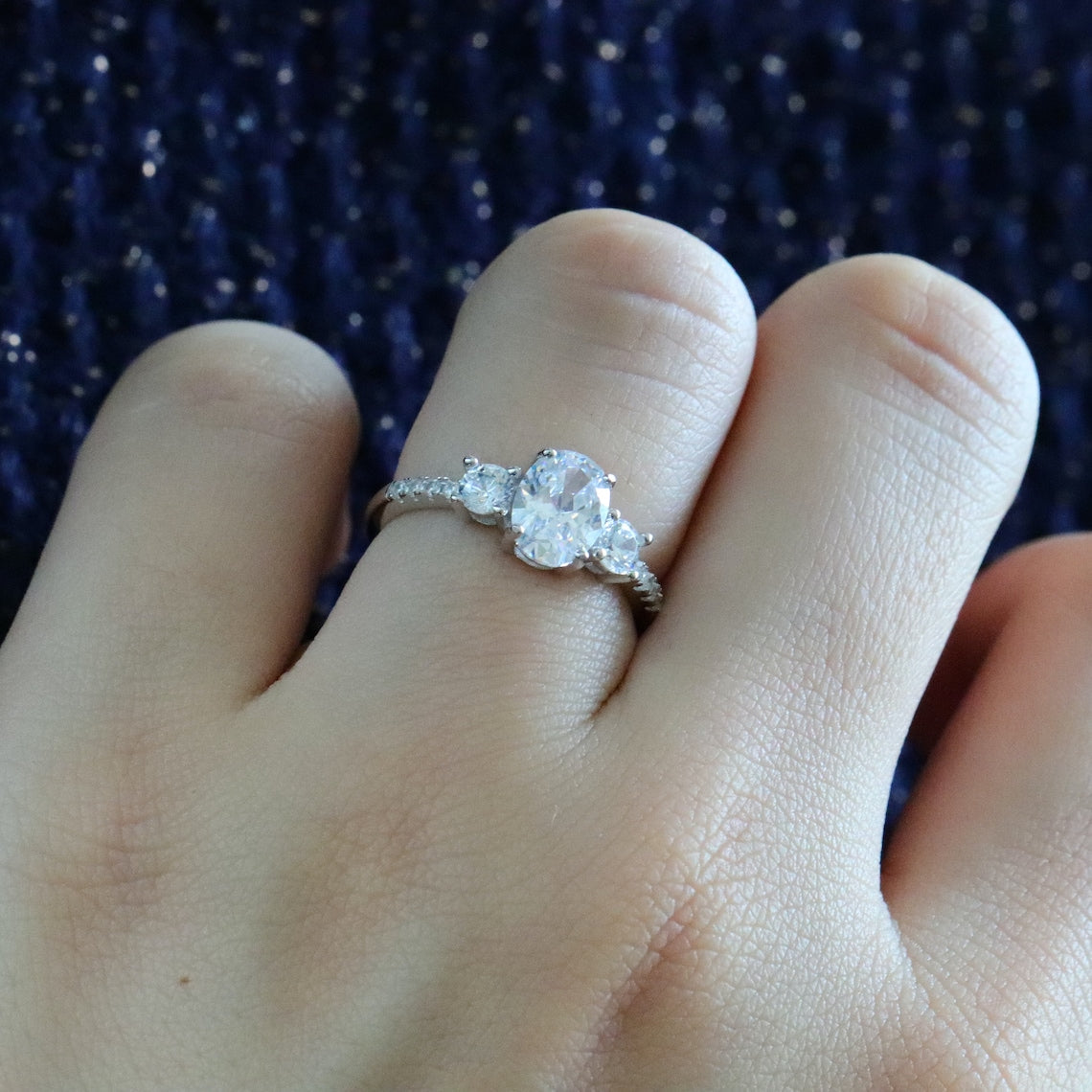 1.50 CT Oval Moissanite Three Stone & Pave Setting Engagement Ring - farrellouise