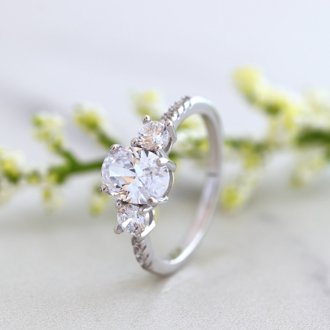 1.50 CT Oval Moissanite Three Stone & Pave Setting Engagement Ring - farrellouise