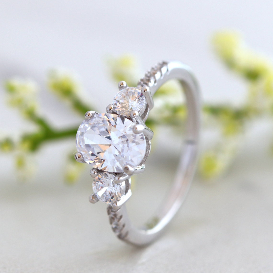 1.50 CT Oval Moissanite Three Stone & Pave Setting Engagement Ring - farrellouise